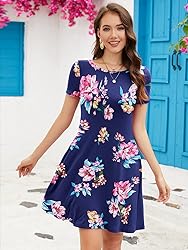 KORSIS Summer Dresses for Women Pink Flower Navy