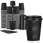 Lamosi 12 oz Disposable Coffee Cups with Lids, 50 Pack Insulated Hot Cups To Go Paper Coffee Cups with Lids and Straws, Corrugated Ripple Wall Cup for Hot Drink, Office, Coffee Bar (Black)