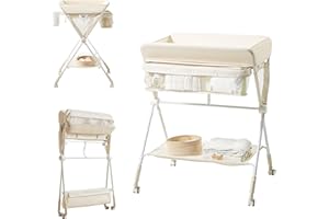 KUB Diaper Changing Table, Portable Baby Changing Table with Wheels, Folding Toddler Changing Table with 3-Level Adjustable Height, Portable Changing Table with Storage Oatmeal