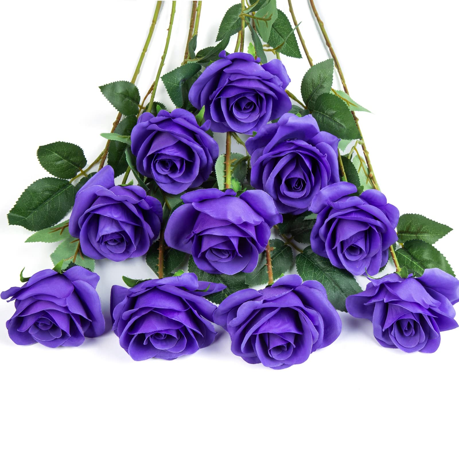 DuHouse 10Pcs Artificial Roses Fake Silk Flowers Realistic Bridal Bouquets with Single Long Plastic Stems for Arrangement Wedding Table Centerpiece Party Home Decor(10pcs Blossom Rose,Purple)