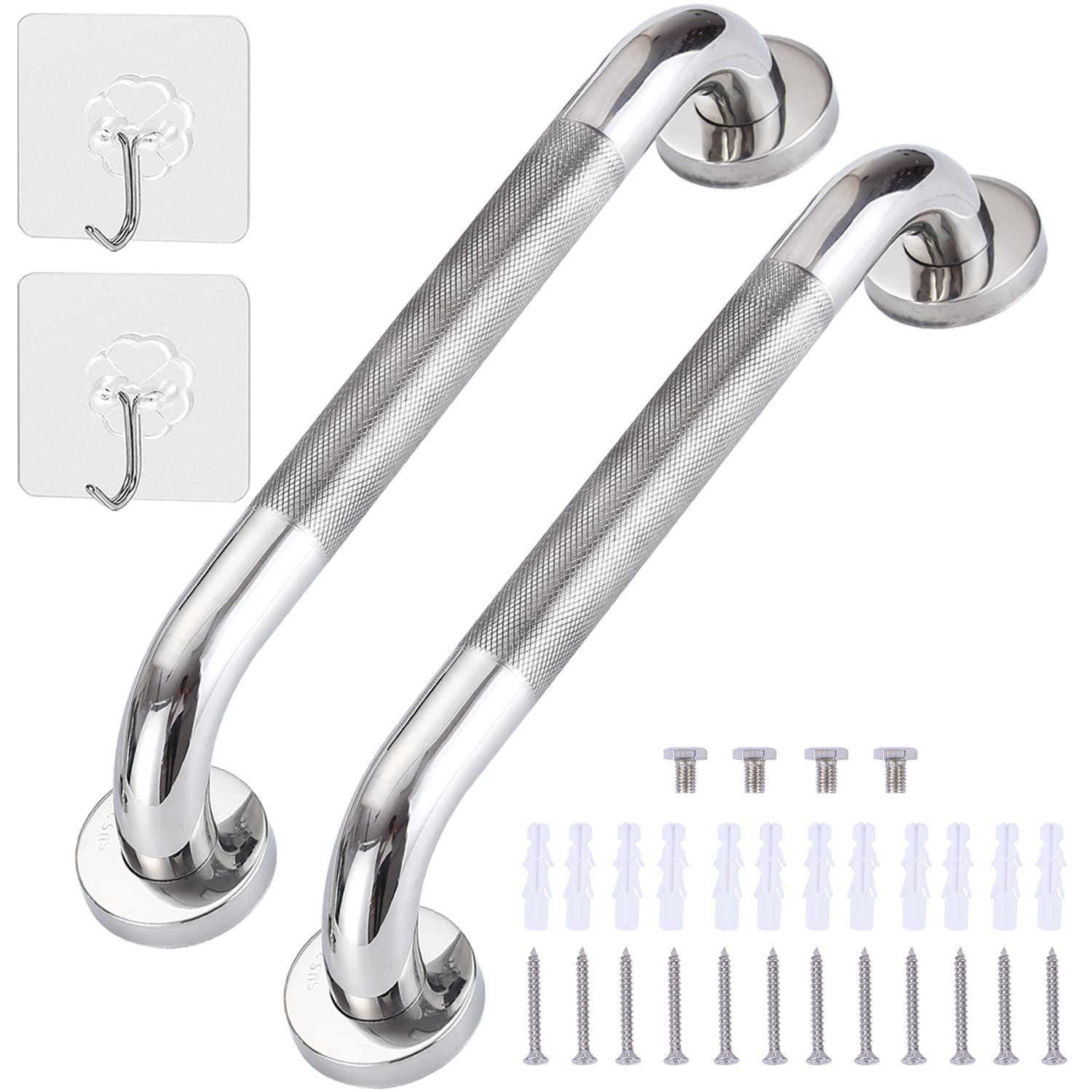 2 Pack 17inch Anti Slip Shower Grab Bar Handle, Chrome Stainless Steel Bathroom Grab Bar, Knurled Bathroom Balance Bar,Safety Hand Rail Support,Handicap Elderly Senior Assist Bath Handle
