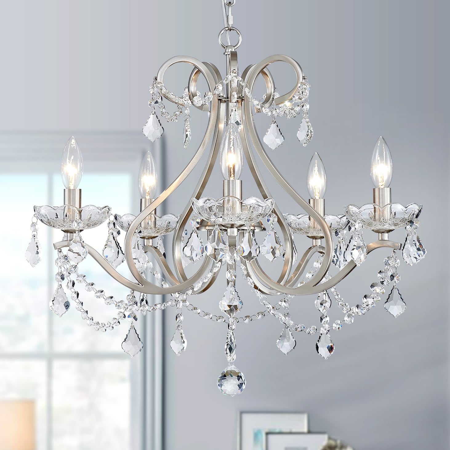 Photo 1 of WUZUPS Crystal 5-Light Candle Chandelier Pendant Flushmount Ceiling Light Modern Lighting Fixture for Bedroom Hallway Bar Kitchen Bathroom, H 20.9" x W 21.7", Brushed Nickel, E12 Base