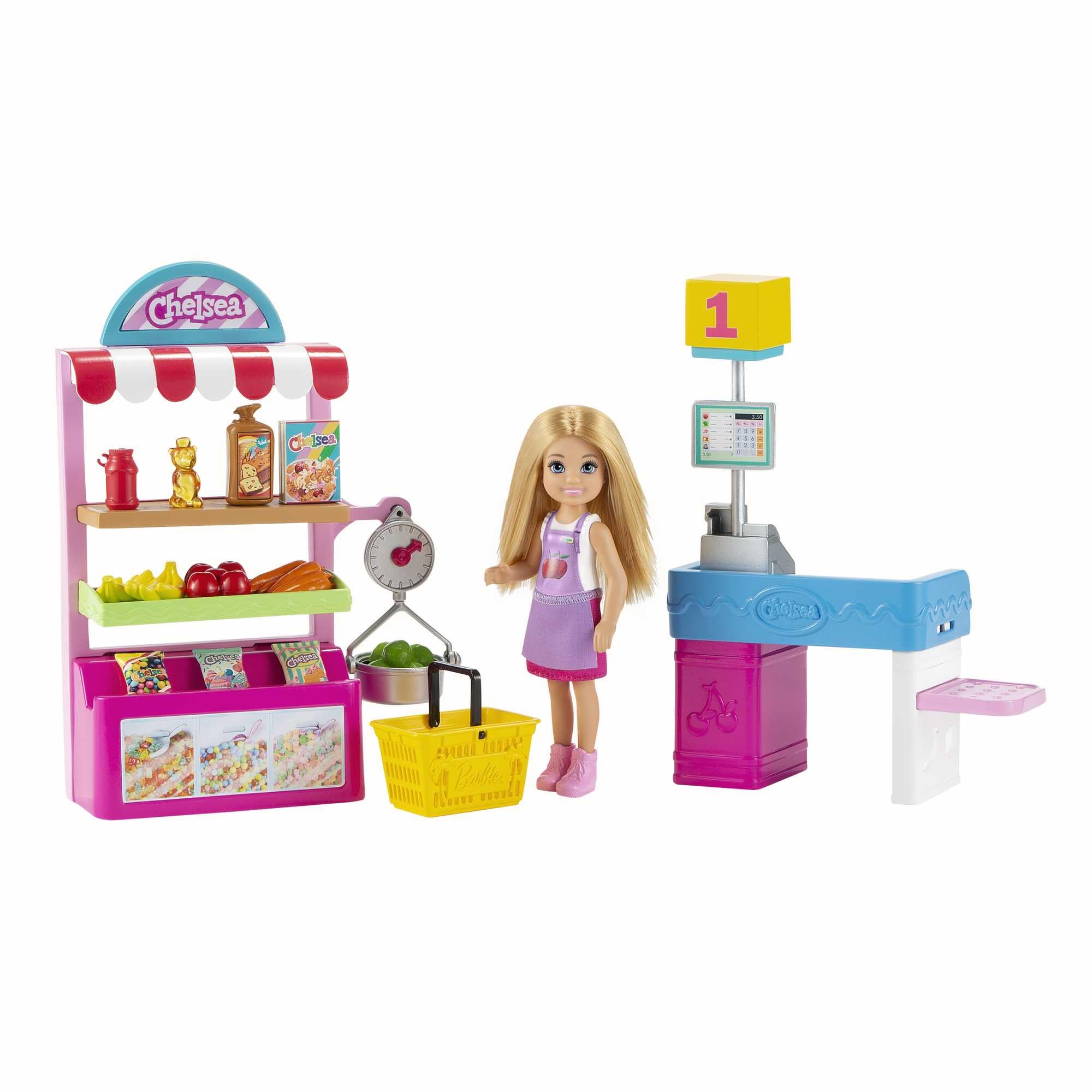 Barbie Chelsea Snack Stand Playset with Doll 15+ Pieces: Register, Food Items, Shopping Basket & More, Gift for Ages 3 Years Old & Up - GTN67