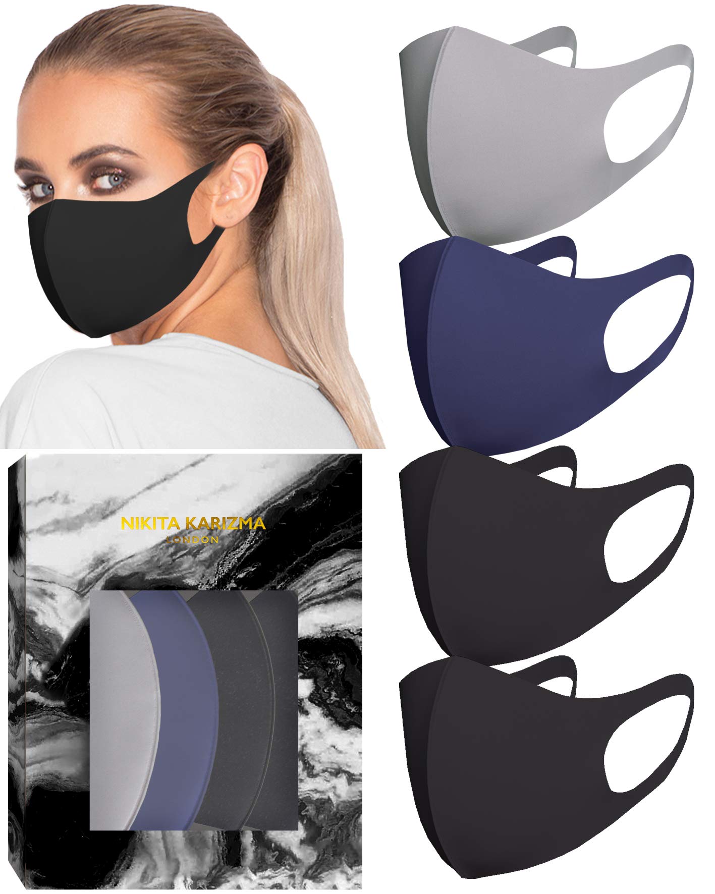 KARIZMA Styling Essentials Cloth Face Mask for Women Pack. 4 Buttery Soft Masks Washable Fabric. (Twilight) Navy, Grey and 2x Black Face Mask Reusable. Stretchy, Comfortable, Fresh Facemask.