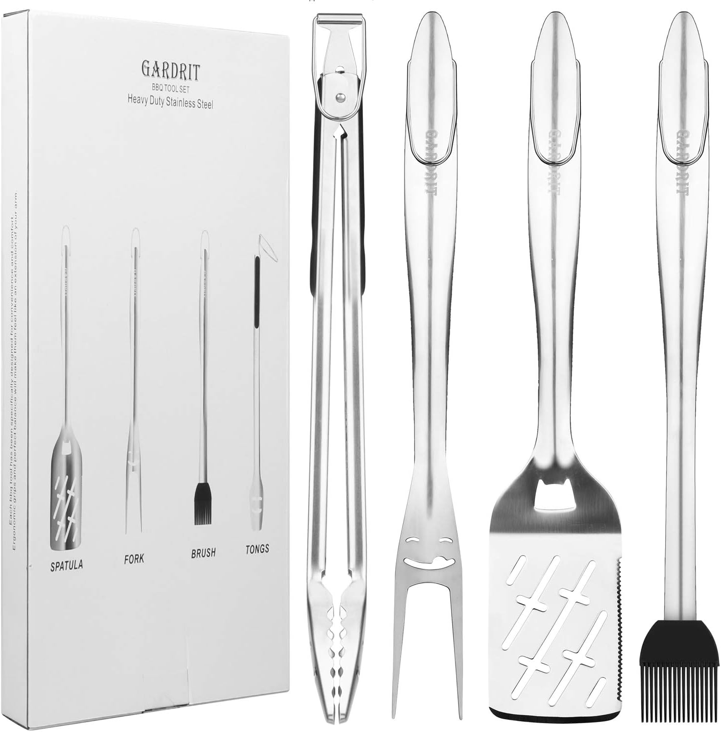 GARDRIT 18” Heavy Duty BBQ Grilling Tools Set. Smiley-Design Stainless Steel Grill Utensils Spatula, Fork, Locking Tongs & Basting Brush. Extra Thick Barbecue Accessories kit with Gift Box Package : Garden & Outdoor