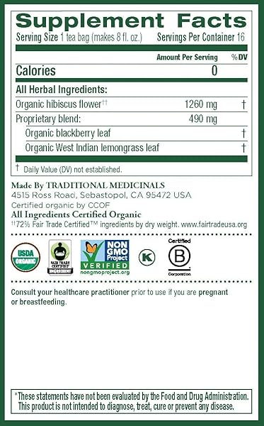 TRADITIONAL MEDICINALS ORGANIC, HIBISCUS TEA – SUPPORTS NORMAL HEART HEALTH & CARDIOVASCULAR WELLNESS – KOSHER, NON-GMO, CAFFEINE-FREE, COMPOSTABLE – 16 TEA BAGS