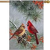 Winter Cardinal Bird House Flag 28x40 Inch Double Sided Large Burlap Yard Flag Red Birds with Pine Cones for Winter Christmas Holiday Outside Decorations