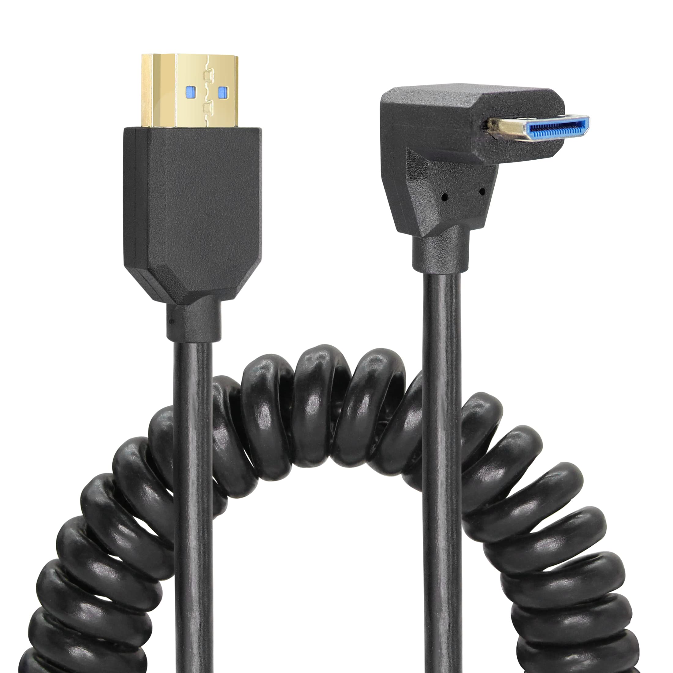 YACSEJAO Coiled HDMI Cable Right Angled 8K 48Gbps HDMI 2.1 Mini HDMI to HDMI Male Telescopic cable High Speed(DOWN)