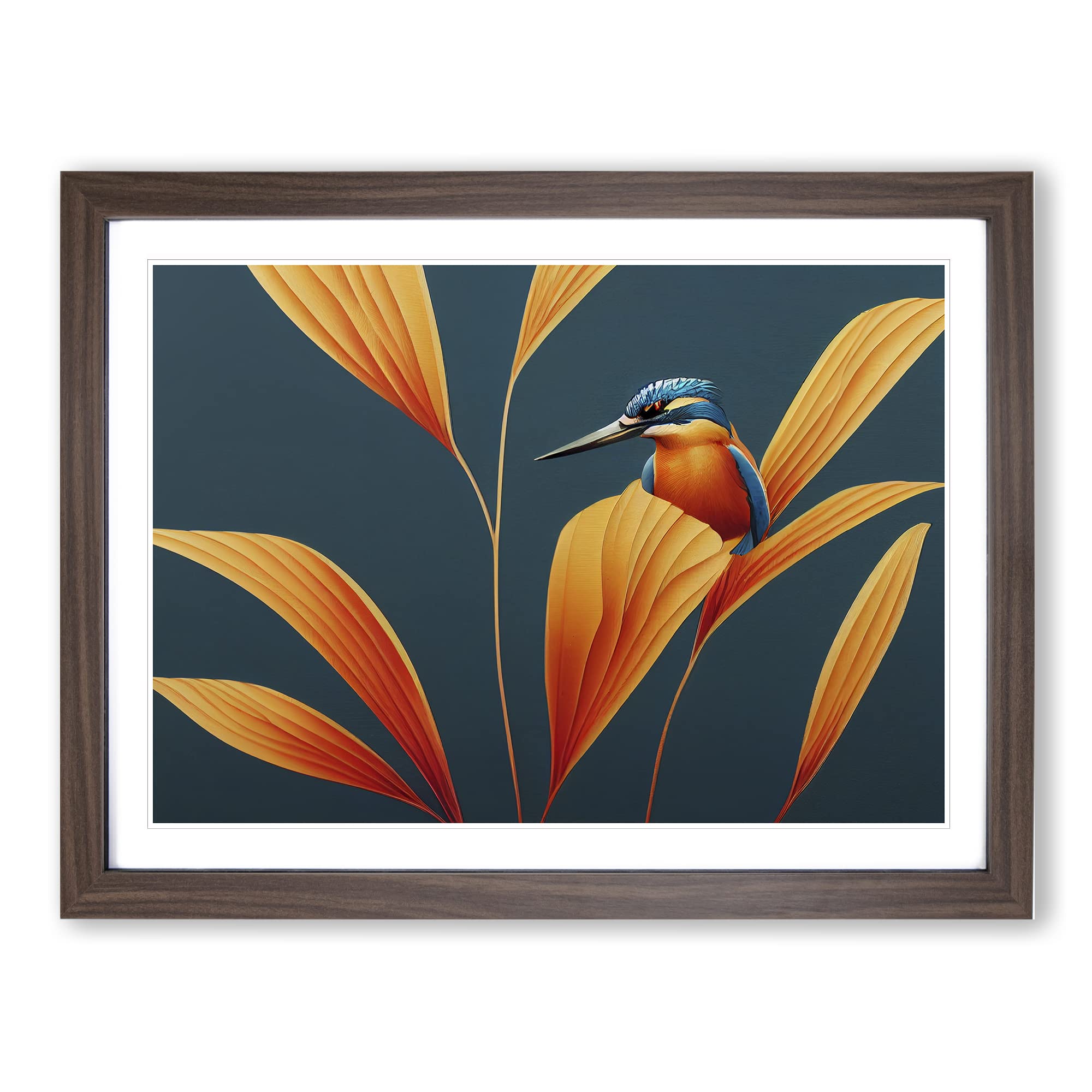 Kingfisher Art Deco Framed Print | A4 Walnut Framed Wall Art | Ready to Hang | Art Deco Nature Picture | Living Room Bedroom Lounge Office
