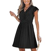 CUPSHE Summer Dress for Women Casual Spring V Neck Lace Appliques Cap Sleeves Hollow Out Beach Mini Dress