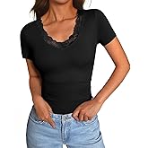 GKBK Womens Short Sleeve V Neck T Shirts Ribbed Lace Casual Tops Going Out Fitted Tight Shirts Basic Tee 2026 Outfits Trendy