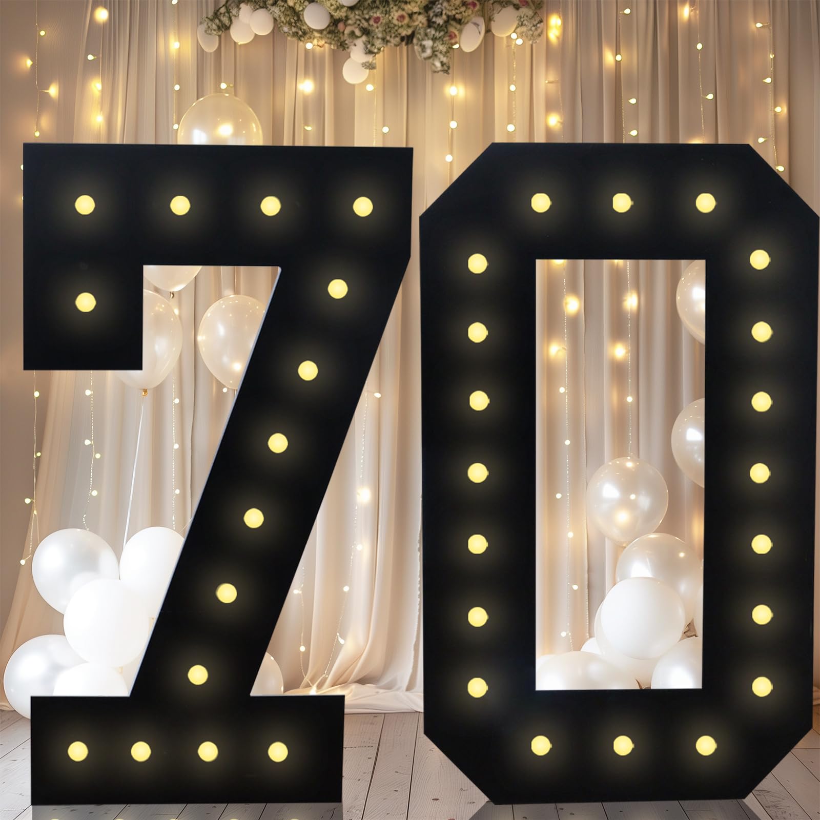Photo 1 of 4FT Marquee Light Up Numbers, Black Giant Marquee Number Big Mosaic Number for 70th Birthday Party Decorations Backdrop 70 Anniversary Decor, Pre-Cut Frame