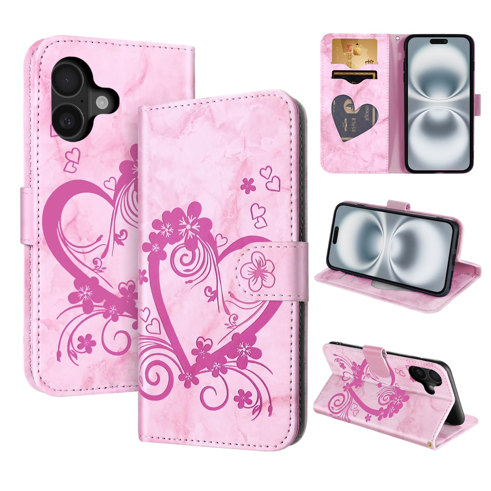 CASAFUNY Mobile Phone Case for iPhone 16 Plus Case PU Leather Flip Case Wallet Card Slot Flip Case Mobile Phone Case Protective Cover for iPhone 16 Plus, Pink