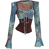 Milumia Women's Y2K Graphic Lace Trim Top Boho Bell Sleeve Sweetheart Neck Tee Tops Retro Rave Concert Outfits