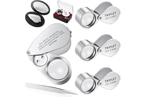 SEEWEY 4 Pcs 40x Metal Jewelers Loupe Magnifier with Light Illuminated LED Magnifying Glass 10x 20x 30x Jewelry Eye Loop Folding Pocket Magnifying Glass with Tweezers for Close Work Gems Rocks Stamps Coins