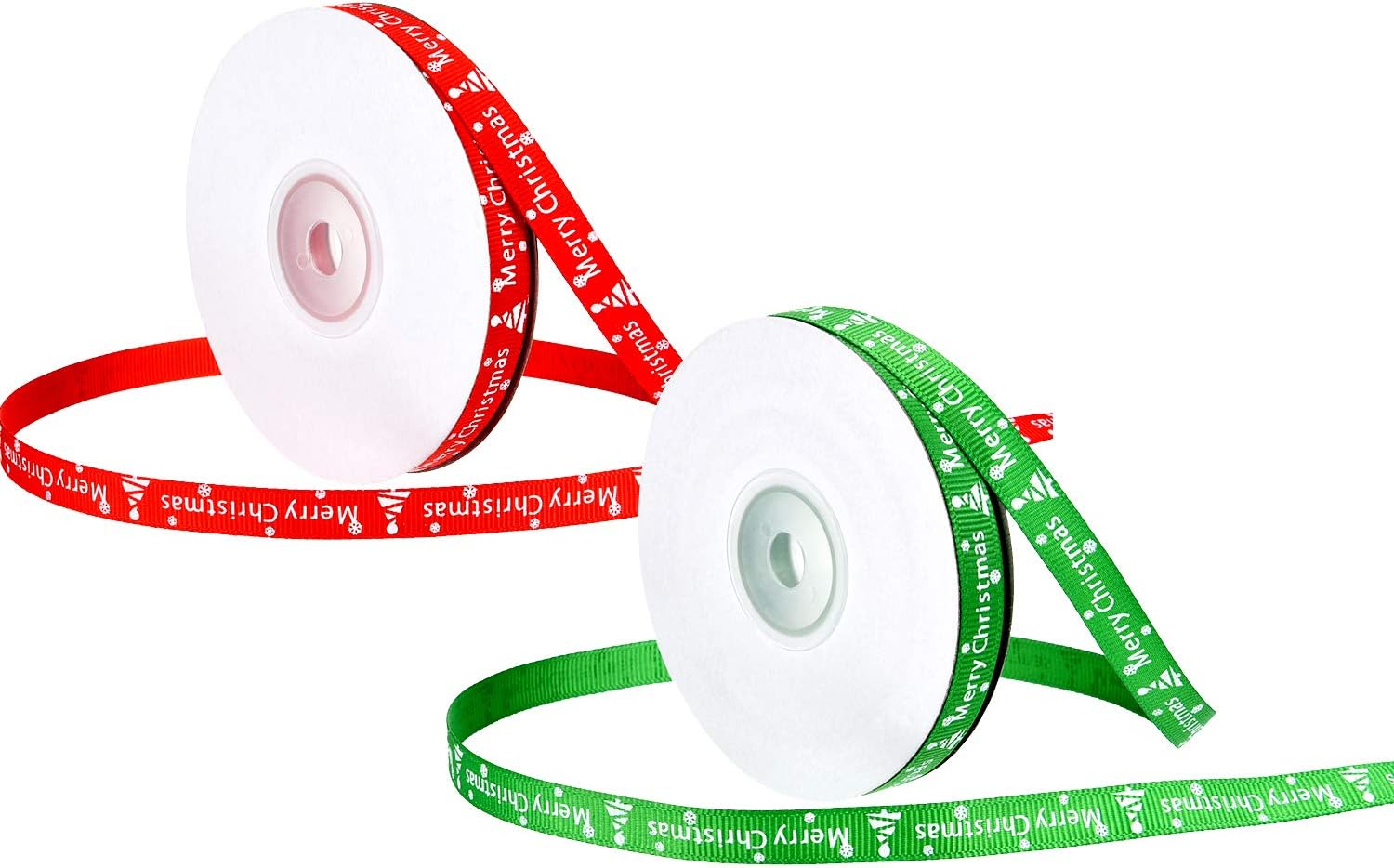2 Rolls 44 Meters Totally Christmas Ribbon Printed Merry Christmas Ribbons Gift Wrap Ribbon for Party Crafts Gifts, 10 mm Wide (Red and Green)