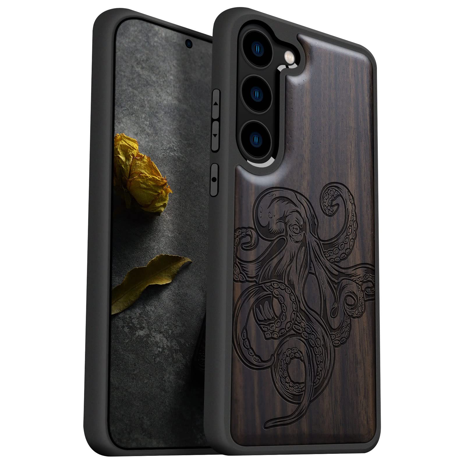 Photo 1 of Carveit Wood Case for Galaxy S23 Plus Case [Natural Wood & Black Soft TPU] Shockproof Protective Cover Unique & Classy Wooden Design Compatible with S23 Plus (Octopus Drawing-Blackwood)
