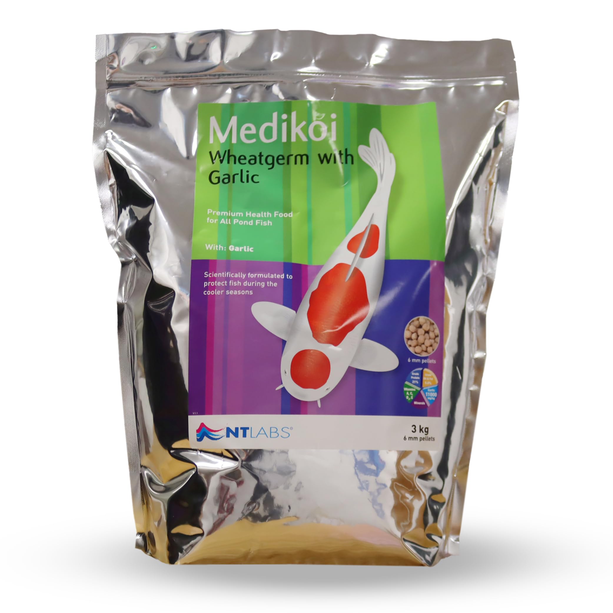 NT Labs Medikoi Wheatgerm With Garlic, Complete Feed For All Pond Fish, Ideal For Late Autumn, Winter & Early Spring Feeding, Maintains Immune System, Koi Fish Food (3kg, 6mm)