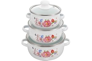 Beavorty 3pcs Enamel Mini Stockpots with Lid Double-Handle Cooking Pots Vintage Flower Pattern Portable Soup