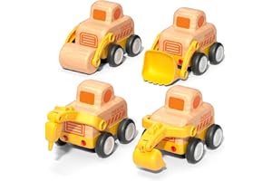 WANBORNS Wooden Construction Truck Toys Set, Toddler Friction Powered Car - Excavator, Bulldozer, Road Roller, Drill Rig, Push and Go Vehicle, Christmas Birthday Gift for 18m+ 2 3 Years Old Kids, Boys and Girl