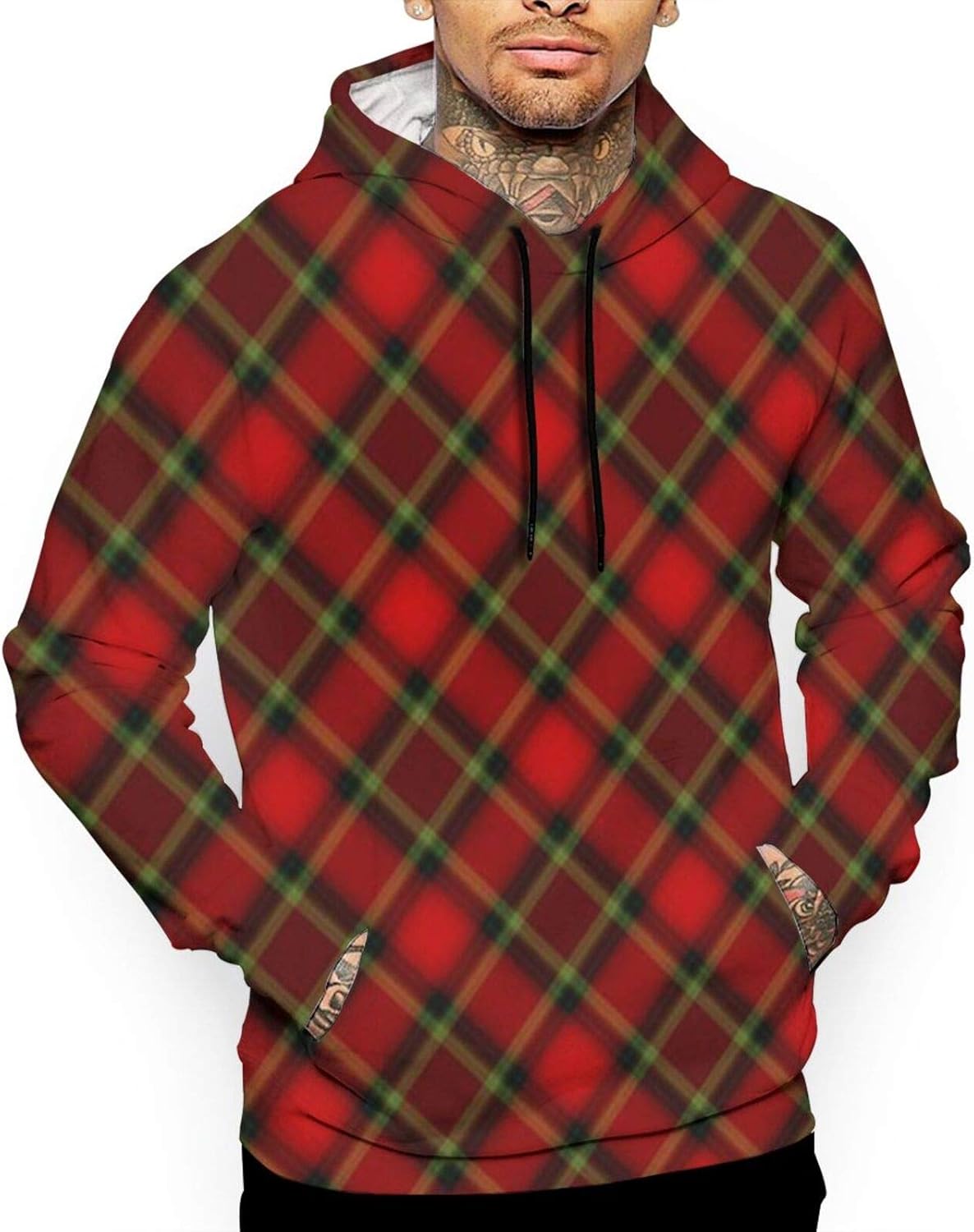 Amazon.com: Black Red Tartan plaid Print Hoodies Pullover Sweatshirt Pockets of Men: Clothing