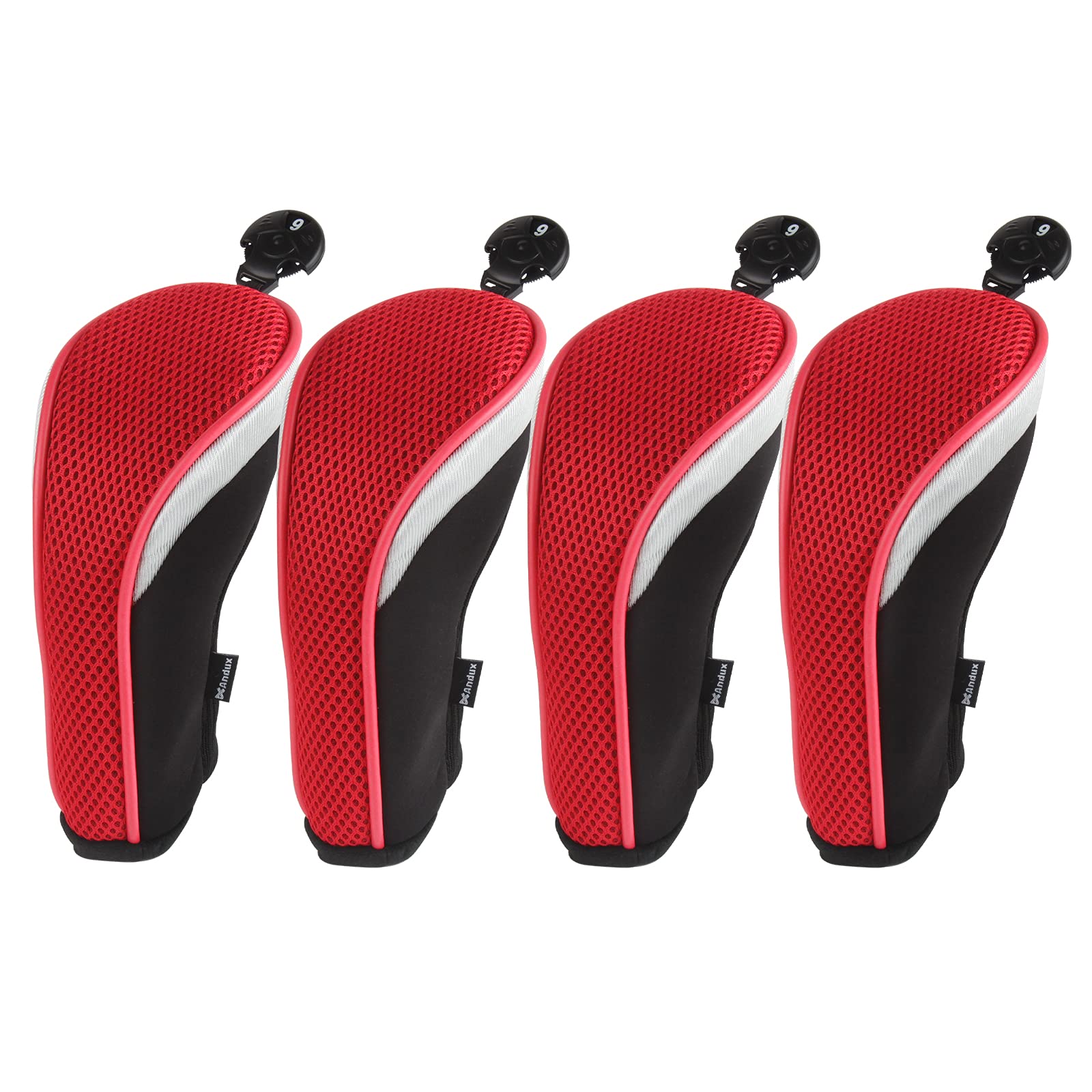 Andux Mesh Golf Hybrid Club Head Covers Short Neck with Dial No. Tags 4Pcs Red