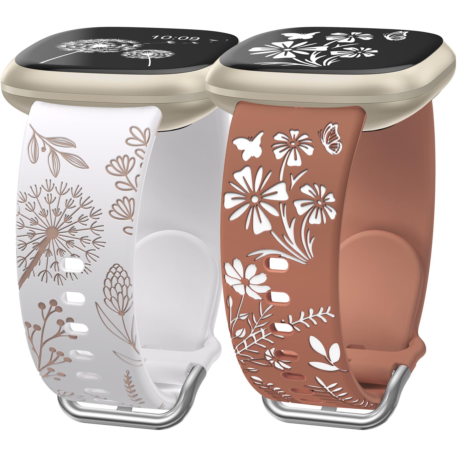 Wearlizer 2 Pack Floral Engraved Strap Compatible with Fitbit Versa 3 Straps/Versa 4 Straps/Sense 2/Sense Bands Women, Cute Two-Tone Flower Soft Silicone Sport Bracelet Starlight/Black Green/Black
