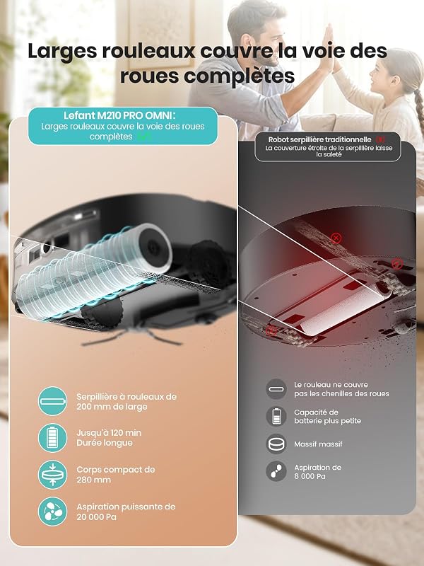 M210 Pro Omni 28cm Mini Rouleau Robot Aspirateur Laveur, 20000Pa