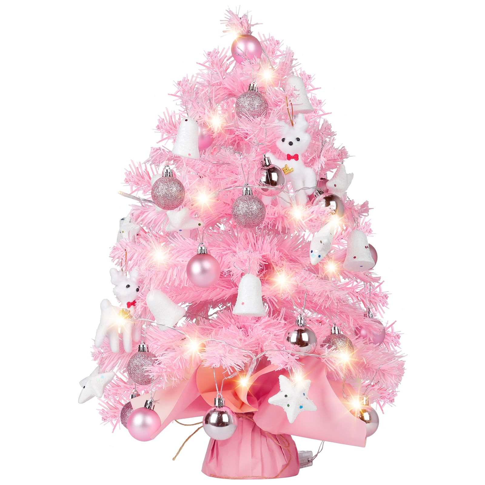 Photo 1 of Small Christmas Tree with Lights: 2ft Mini Pink Christmas Tree, Tabletop Artificial Xmas Tree with LED String Light & Hanging Ornaments, for Desk Christmas Decors Home Office Party