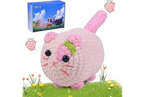 ⅠCROCHET Crochet Kit for Beginners, Strawberry Cat Crochet Starter Kit for Adults Kids with Step-by-Step Video Tutorials, DIY Crochet Animal Complete Knitting Kit
