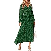 Simplee Womens Boho Floral Long Sleeve Maxi Dress V Neck Empire Waist Fall Wedding Guest Dresses with Pockets