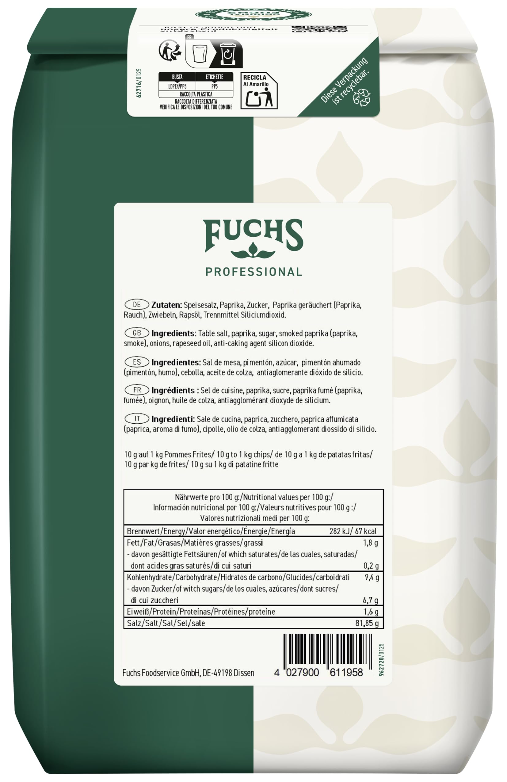 Fuchs Professional - Pommes-Frites-Würzsalz | Gewürz für Kartoffelgerichte wie Kroketten oder Bratkartoffeln | Profi-Qualität für Großverbraucher | 2 kg im recyclebaren Beutel 2
