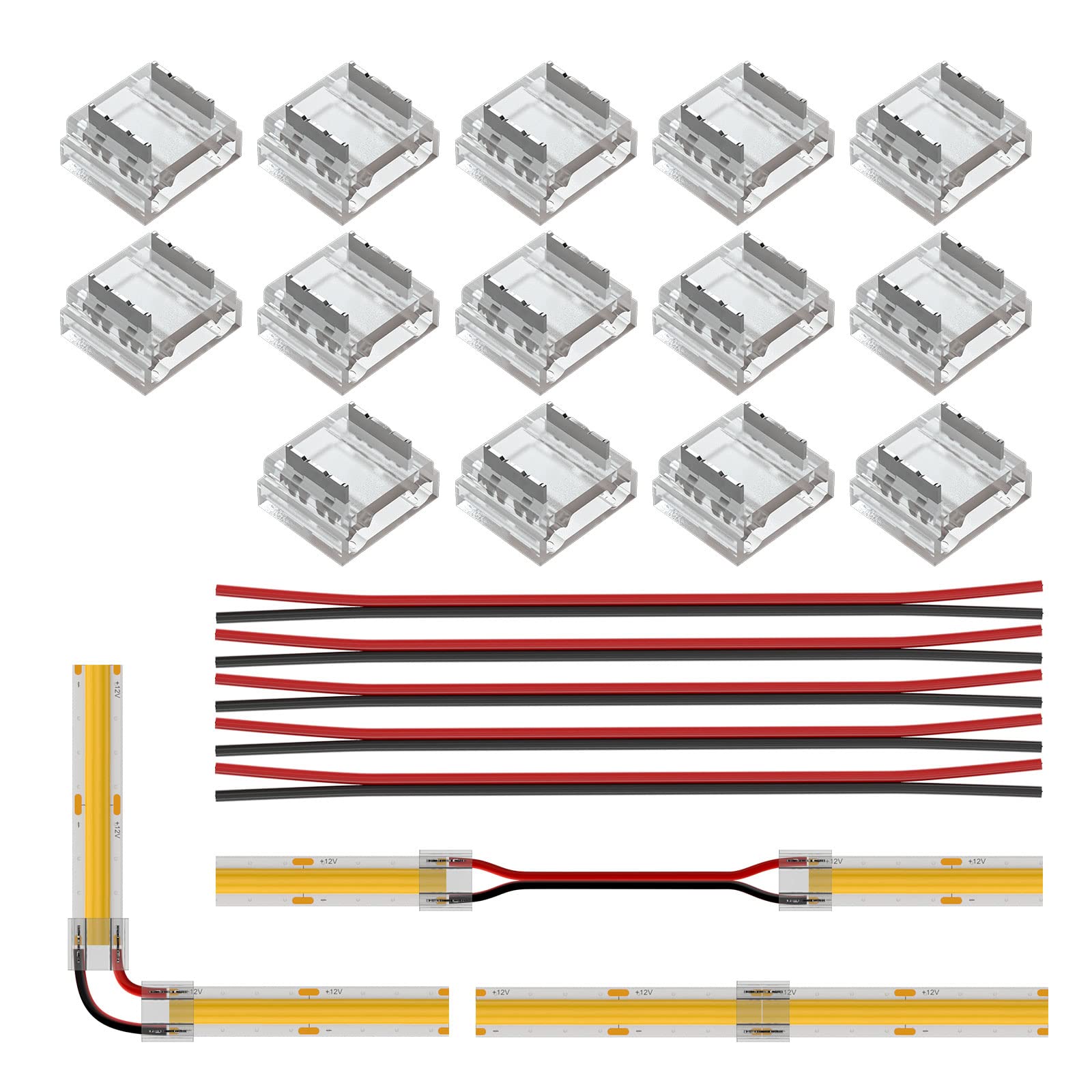 BTF-LIGHTING FCOB COB 10mm 0.39in Connector Kit 14 pcs Transparent Connector 5pcs 15cm long 20AWG extensions cable for gapless soldering and FCOB LED light strip corner connections