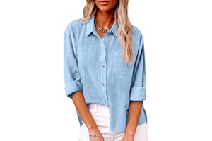 Paber Women Cotton Linen Long Sleeve Shirts, Basic Button Down Tee Tops Dressy Summer Shirts Casual Collared Blouses Work