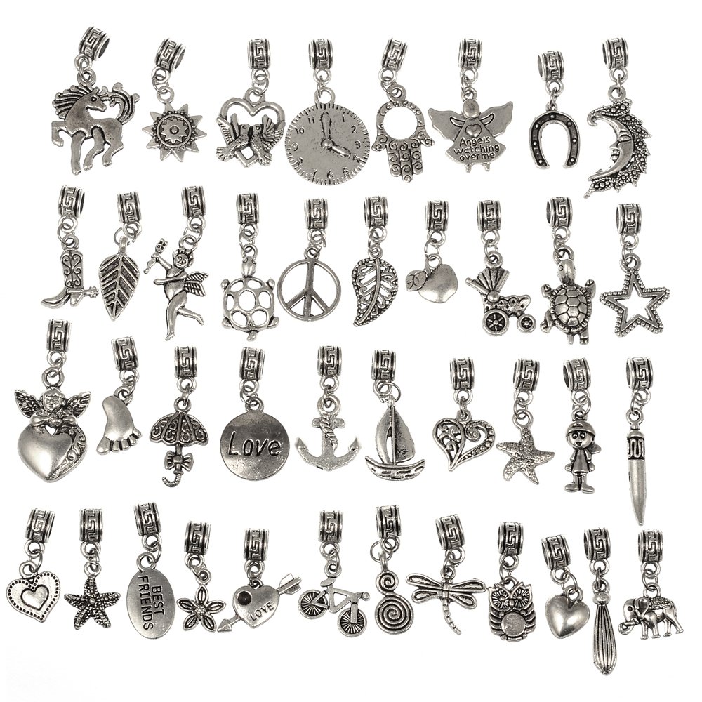 RUBYCA 80Pcs Tibetan Silver Color Connector Bails Mix Beads with Pendant fit Charm Bracelet 301