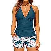 Women's Tankini Swimsuit with Shorts - Halter Two Piece Swimsuit 2025 Tummy Control Bathing Suit with Pockets