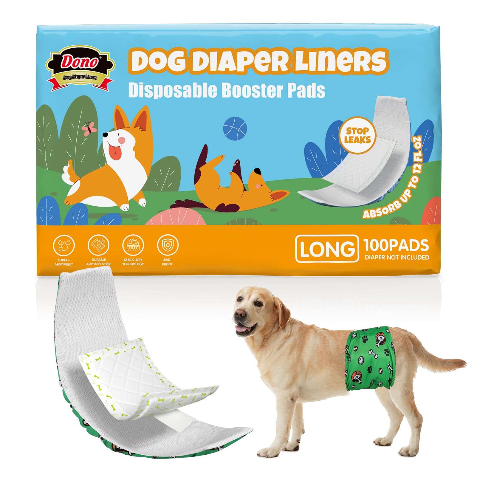 Dono Dog Nappy Liners for Male and Female Dogs,100 pcs, Disposable Incontinence Pads for Dog Belly Bands and Dog Pant,Super Soft and Absorbent for Dogs in Heat,Incontinence,Traveling