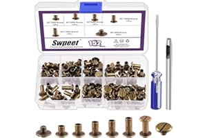 Swpeet 152Pcs M5x5mm, 6mm, 8mm, 10mm, 12mm Bronze Screws Leather Rivets Assorted with Hole Punch and Screwdriver, Round Flat 