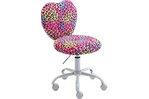 LZAREAL Cute Fuzzy Kids Chair for Teenage Girls Rolling Study Desk Student Chair Furry Computer Task Chair, Adjustable Heart Shaped Reading Vanity Chair for Bedroom, Leopard
