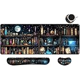 MIBITRI Keyboard Mouse Pad Set, Extended Gaming Mouse Pad+Ergonomics Keyboard Wrist Rest Support, Memory Foam, Easy Typing Pain Relief, 4Pcs XXL Ultra Thick Desk Mat, Enchanted Bookshelf