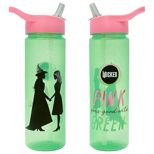 Wicked Universal Pictures 600ml Water Bottle with Straw by Polar Gear | Official Merchandise Girls Merch with Glinda & Elphaba | For Adult & Kids, Green & Pink