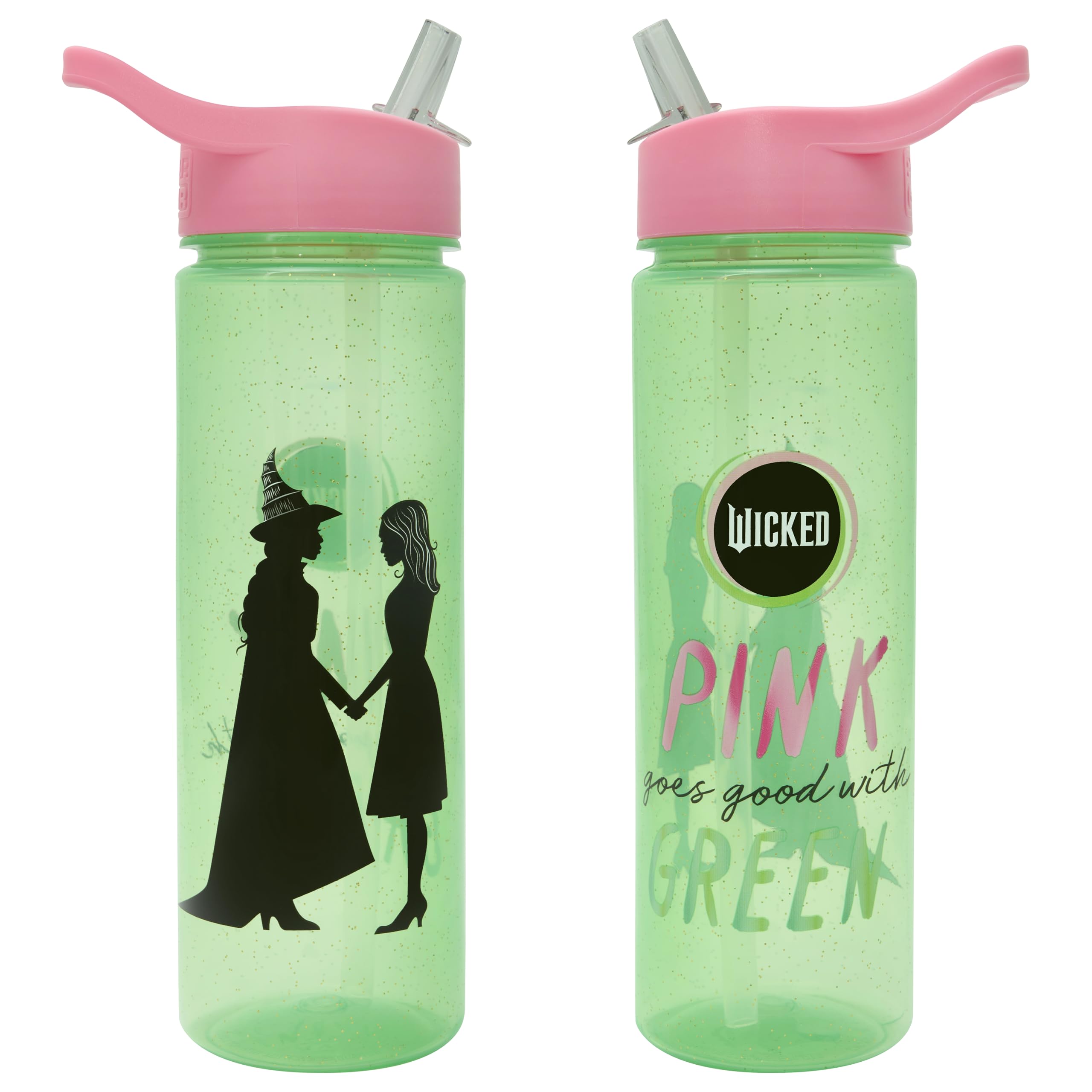 Wicked Universal Pictures 600ml Water Bottle with Straw by Polar Gear | Official Merchandise Girls Merch with Glinda & Elphaba | For Adult & Kids, Green & Pink