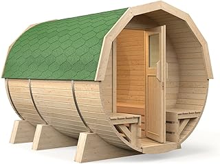 Fasssauna M2 Premium 2,96m, Espe-Saunaholz bei Allen Innensitzbänken (grüne Dachschindeln)