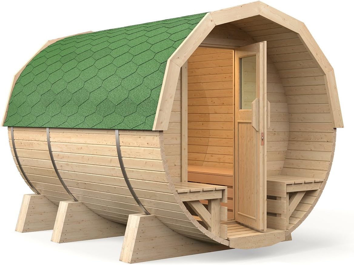 Fasssauna M2 Premium 2,96m, Espe-Saunaholz bei Allen Innensitzbänken (grüne Dachschindeln)