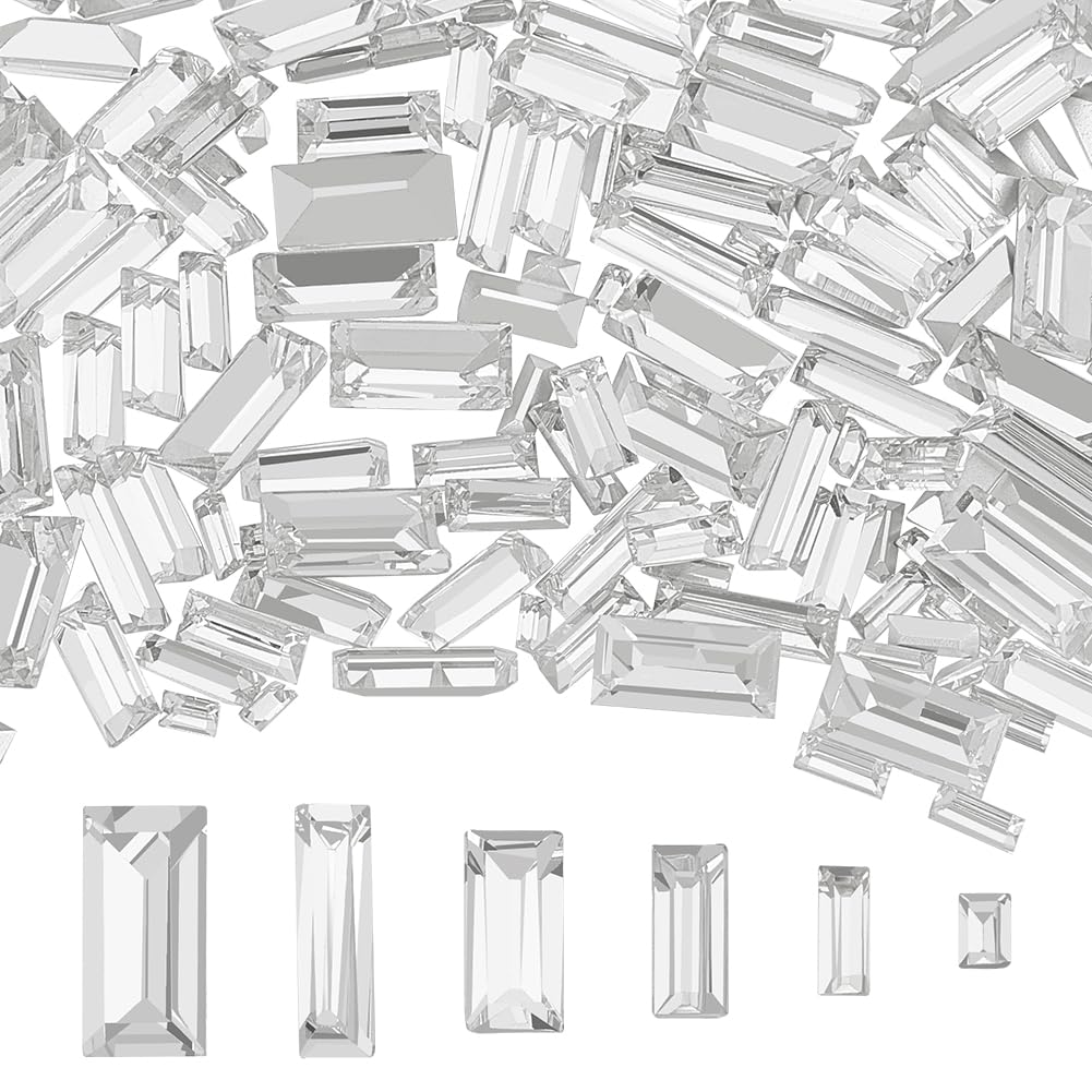 FINGERINSPIRE 180pcs Mini Clear Pointed Back Rhinestone 6 Sizes Rectangle Faceted Glass Rhinestone Clear No Hole Gems Crystal Jewelry Embellishments with Silver Plated Back for DIY