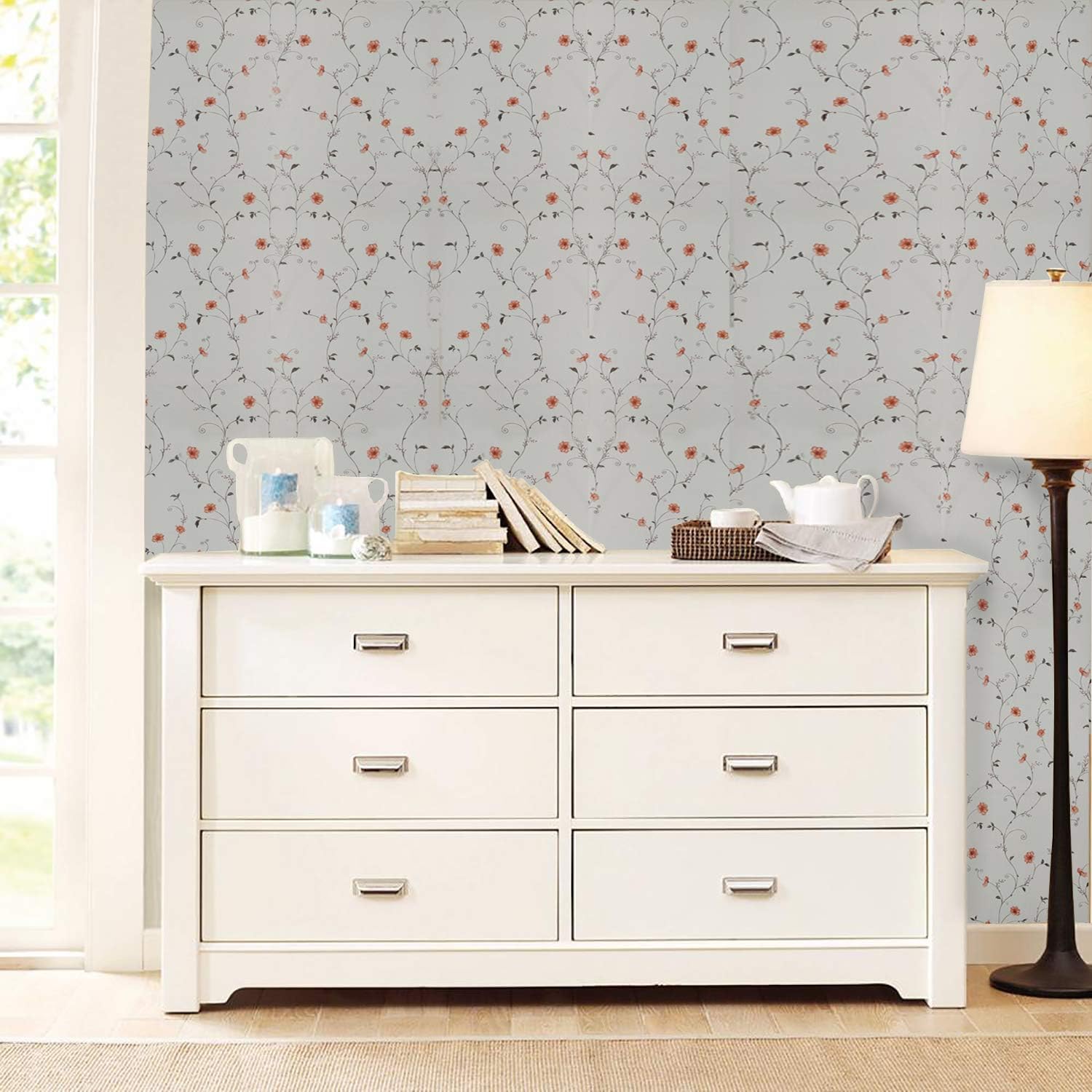 Dundee Deco AZ-F8252 Floral Printed Light Grey, Red Flowers on Vine Peel and Stick Self Adhesive Removable Wallpaper - Image 3