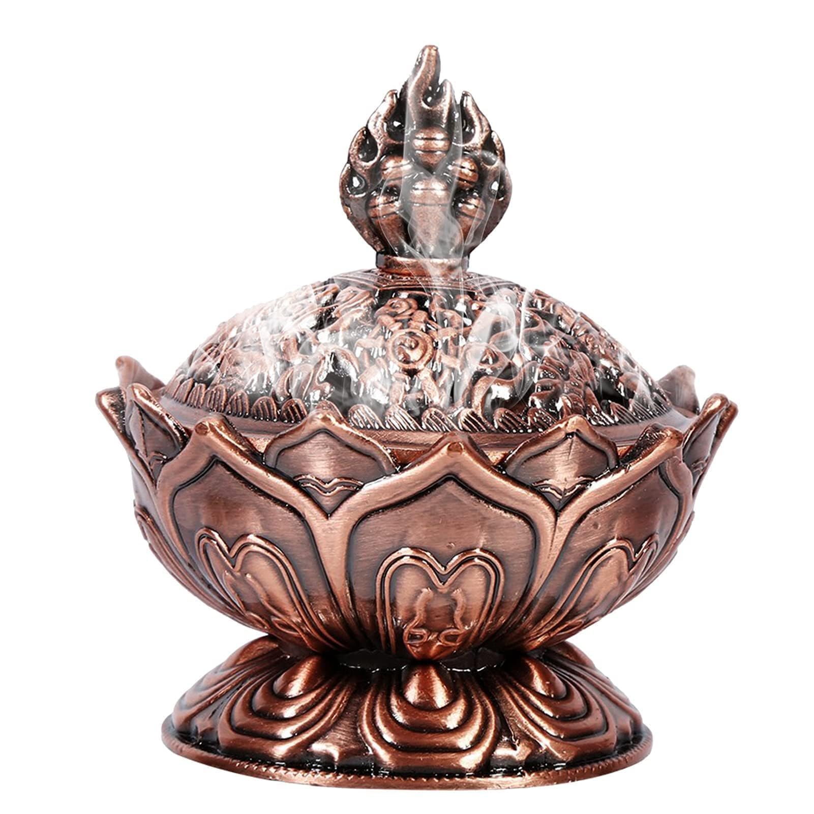 Lotus Flower Incense Burner, Vintage Aromatherapy Copper Incense Holder Ash Catcher Log Burner Wax Melts Warmer with Lid for Charcoal Discs/Cone/Coil/Powdere Incense Home Office Decor