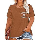 Plus Size Halloween Shirts for Women Spooky Season Tshirt Fall Pumpkin T-Shirt Ghost Graphic Tees Short Sleeve Tops