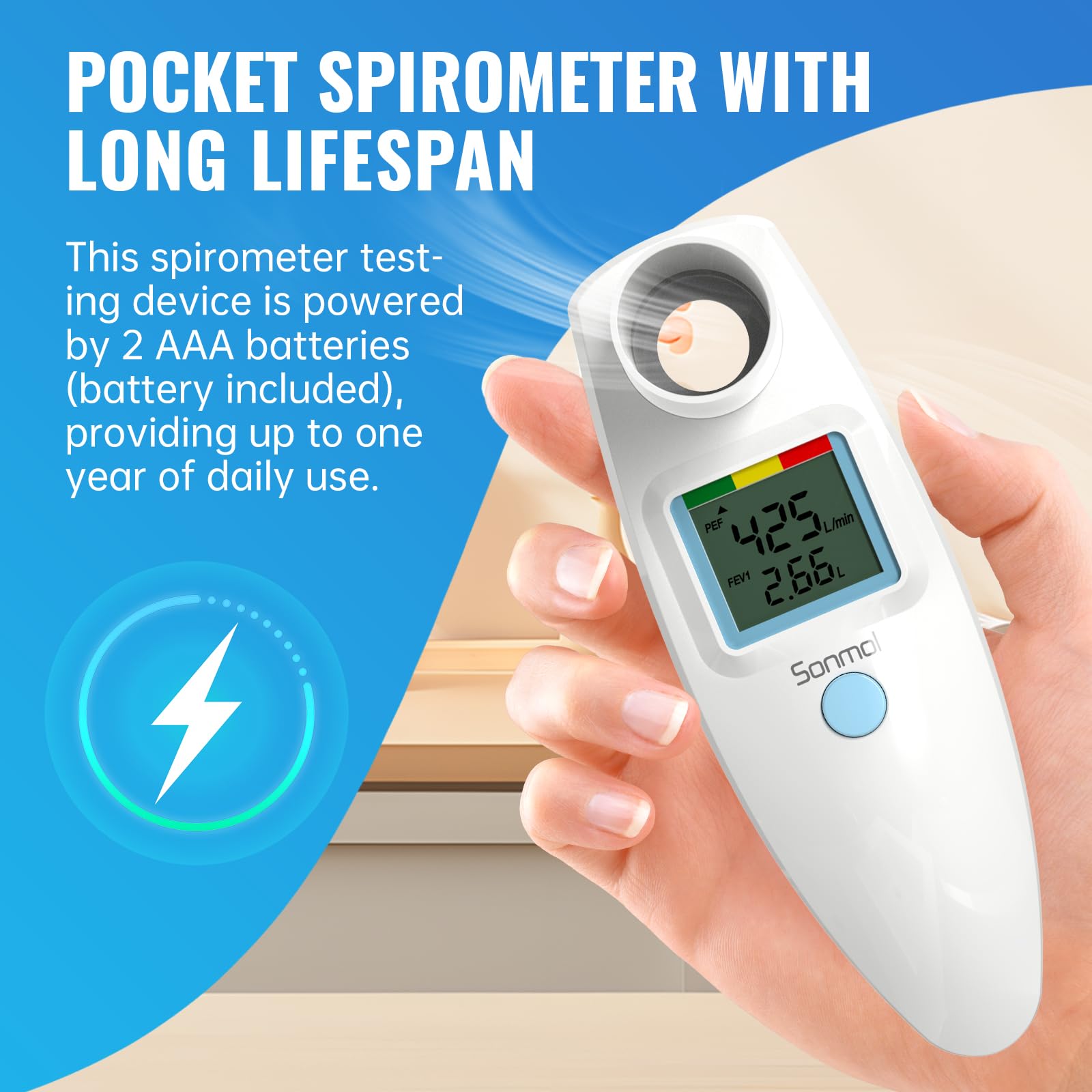 Sonmol Digital Peak Flow Meter Portable PEF Forced Expiratory Volume FEV1 Tester with Red Yellow Green Risk Indicator