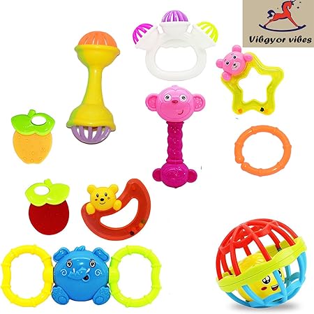 Vibgyor Vibes Lovely Mixed Attractive Colourful Non Toxic Rattles for Babies, Toddlers, Infants, Child - Set of 10 (Multi Color)